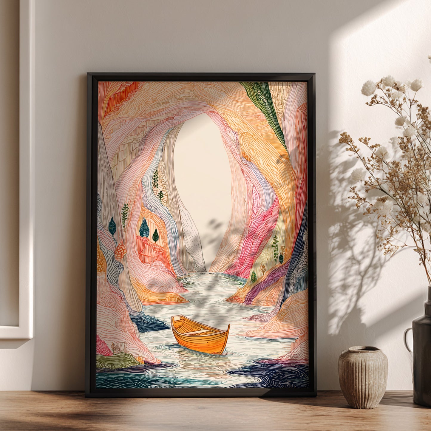 Poster of a colorful, textured sea cave with a boat on the water, in a mystical landscape style.