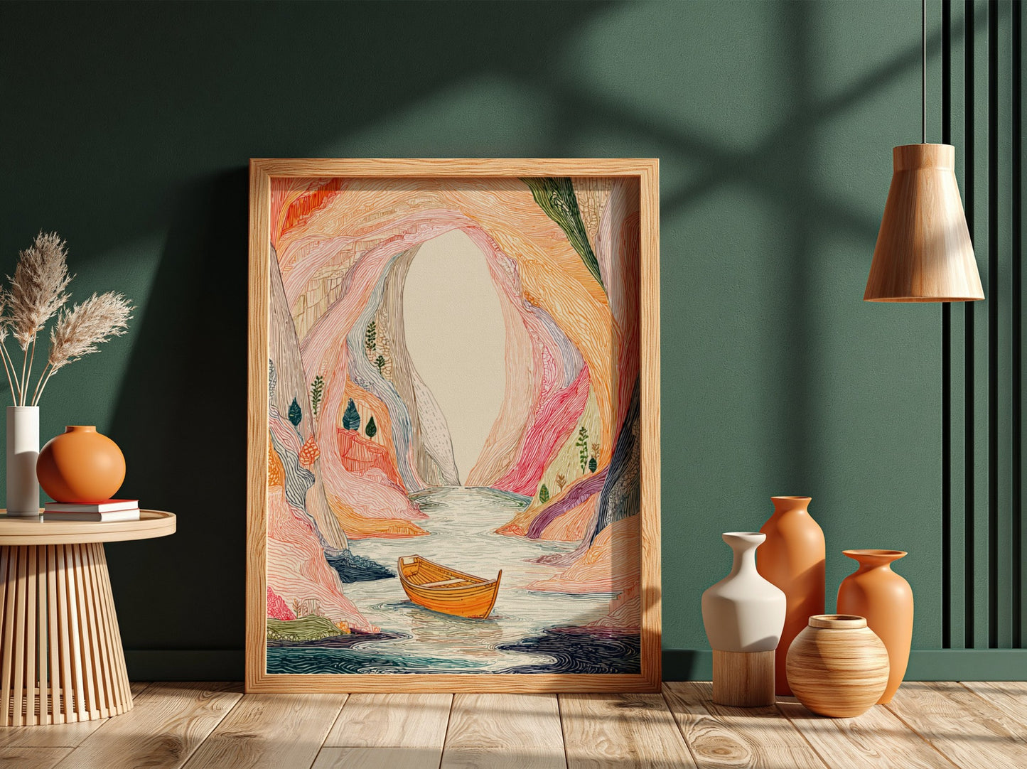 Poster of a colorful, textured sea cave with a boat on the water, in a mystical landscape style.