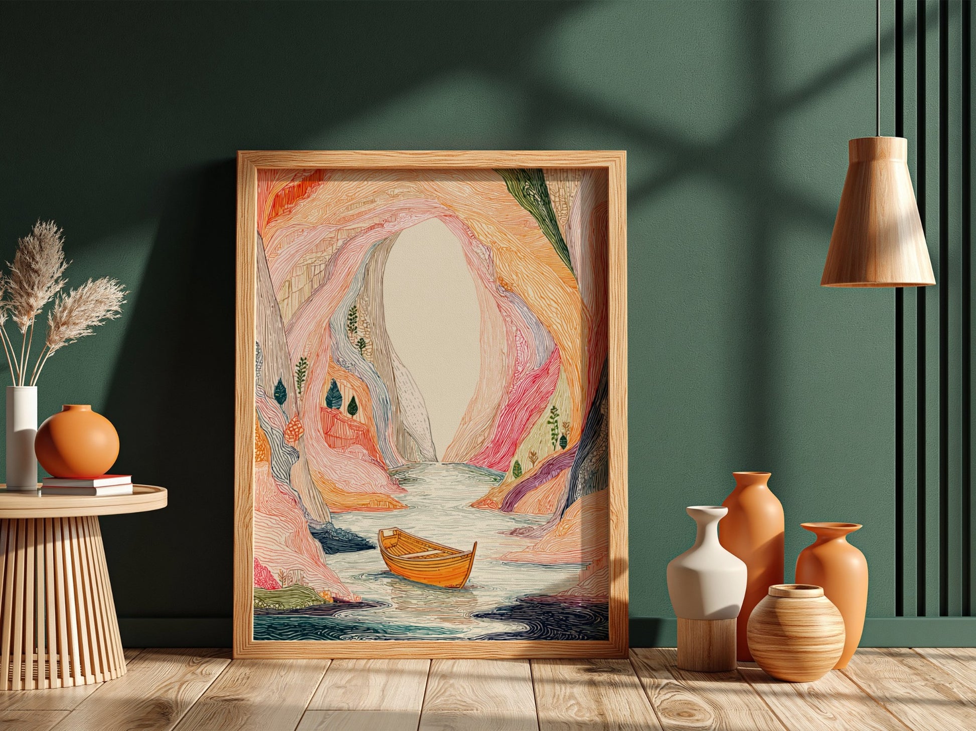 Poster of a colorful, textured sea cave with a boat on the water, in a mystical landscape style.