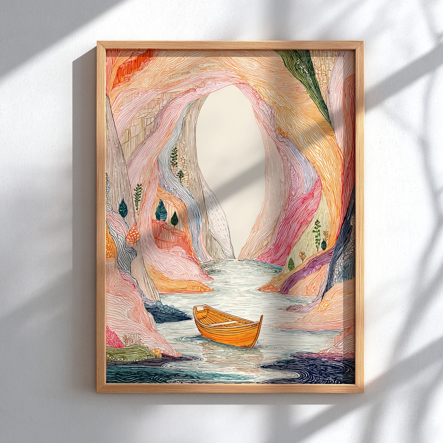 Poster of a colorful, textured sea cave with a boat on the water, in a mystical landscape style.