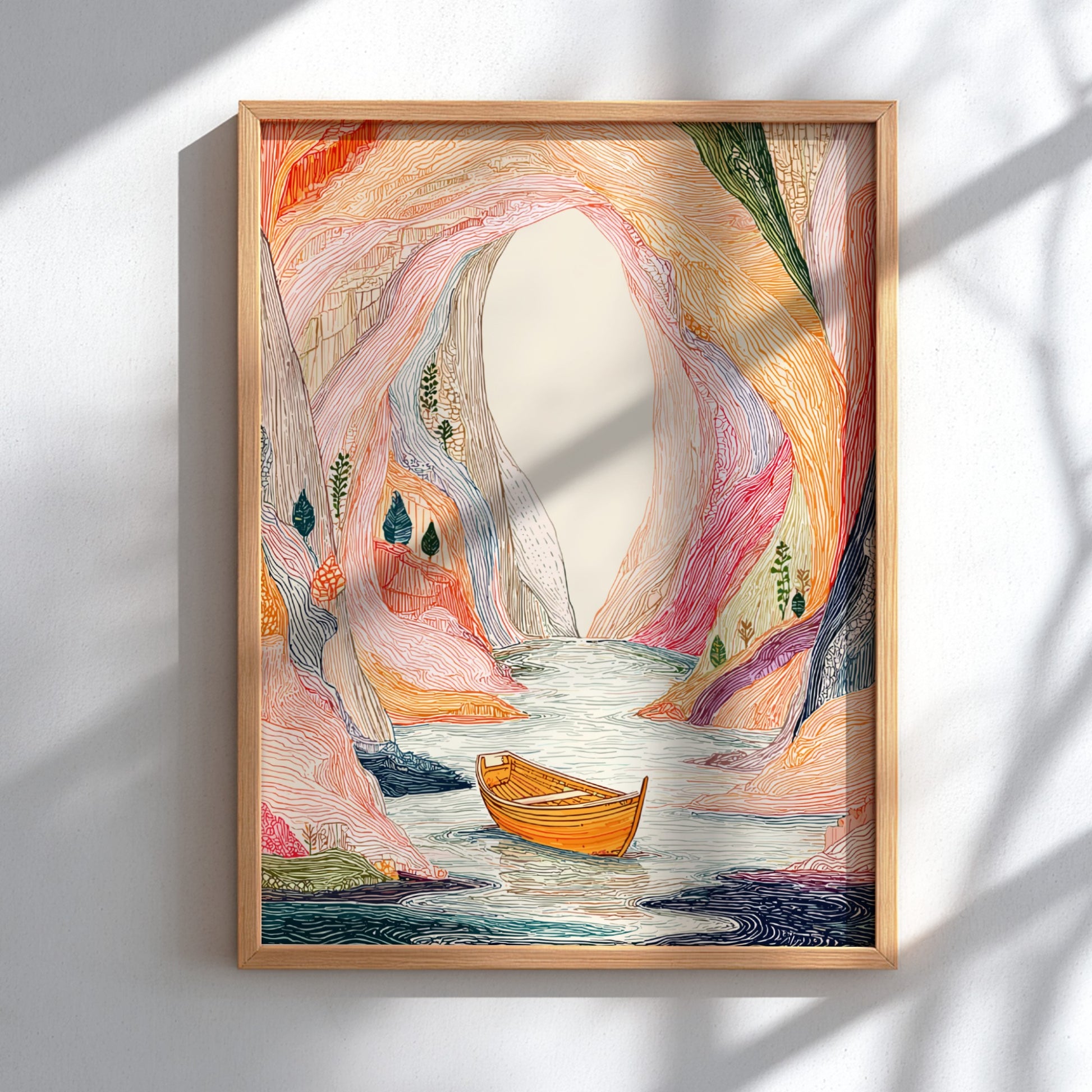 Poster of a colorful, textured sea cave with a boat on the water, in a mystical landscape style.
