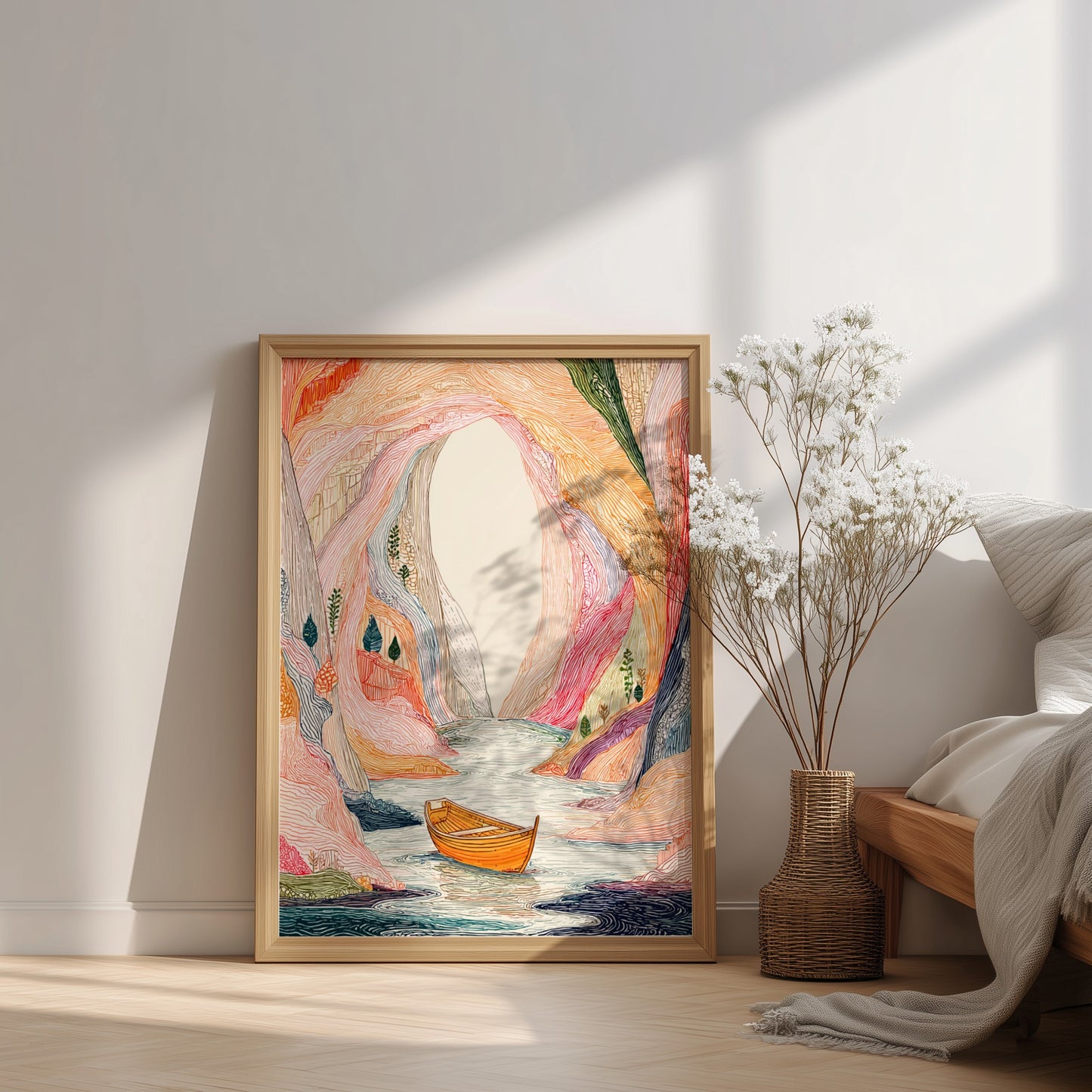 Poster of a colorful, textured sea cave with a boat on the water, in a mystical landscape style.