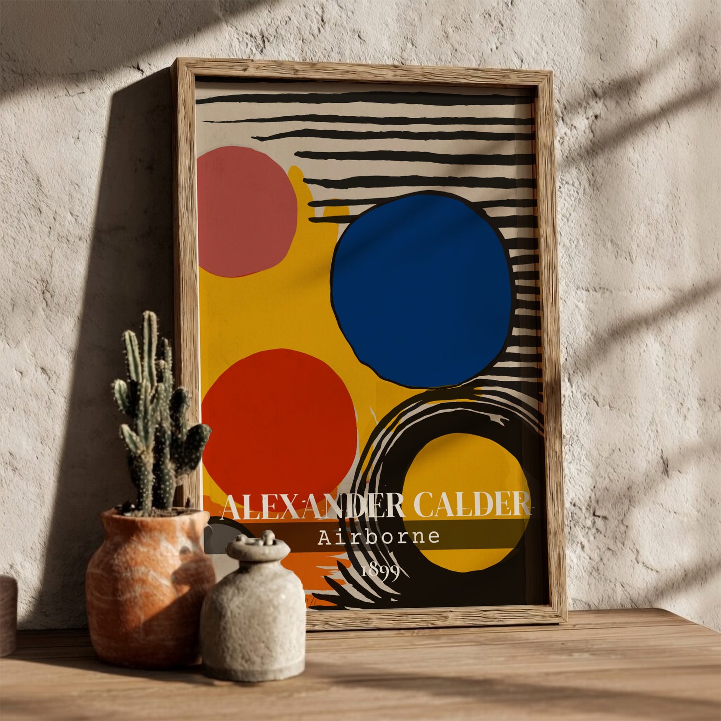 Poster of Alexander Calder's "Airborne" abstract art with red, blue, pink circles and black stripes.