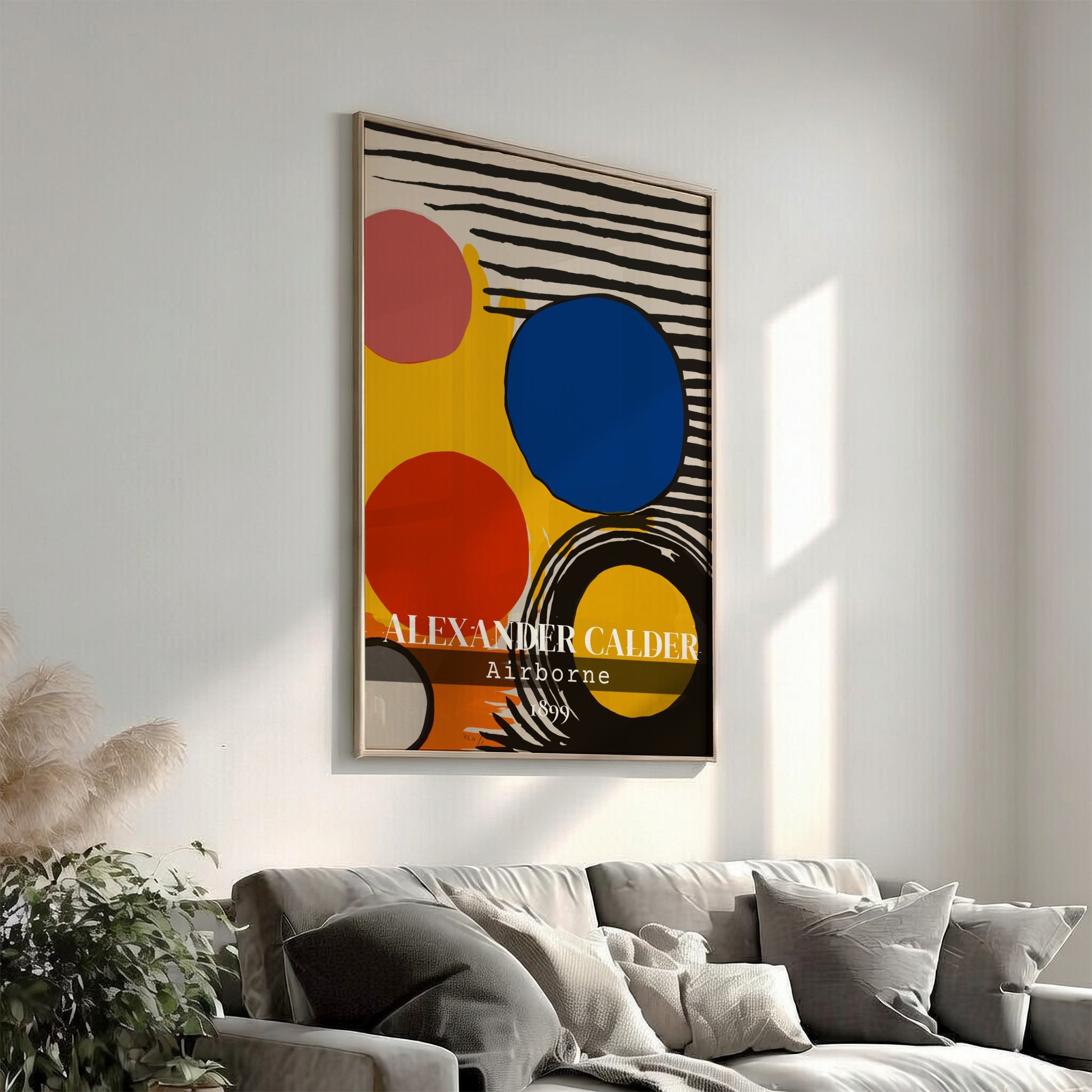 Poster of Alexander Calder's "Airborne" abstract art with red, blue, pink circles and black stripes.