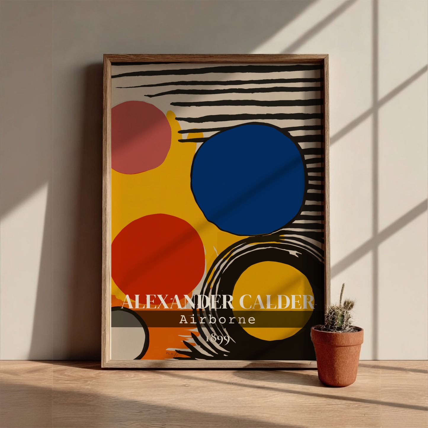 Poster of Alexander Calder's "Airborne" abstract art with red, blue, pink circles and black stripes.