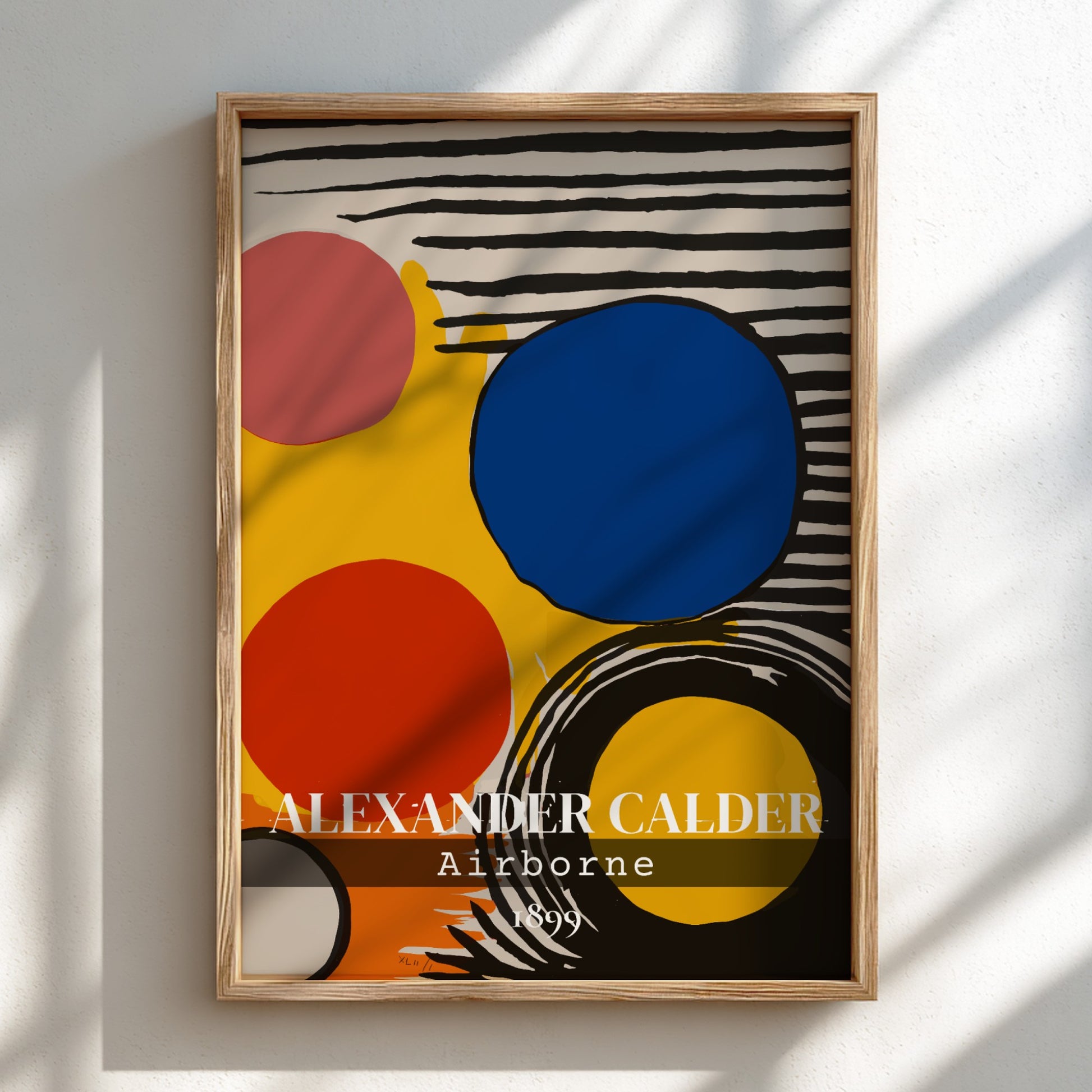 Poster of Alexander Calder's "Airborne" abstract art with red, blue, pink circles and black stripes.