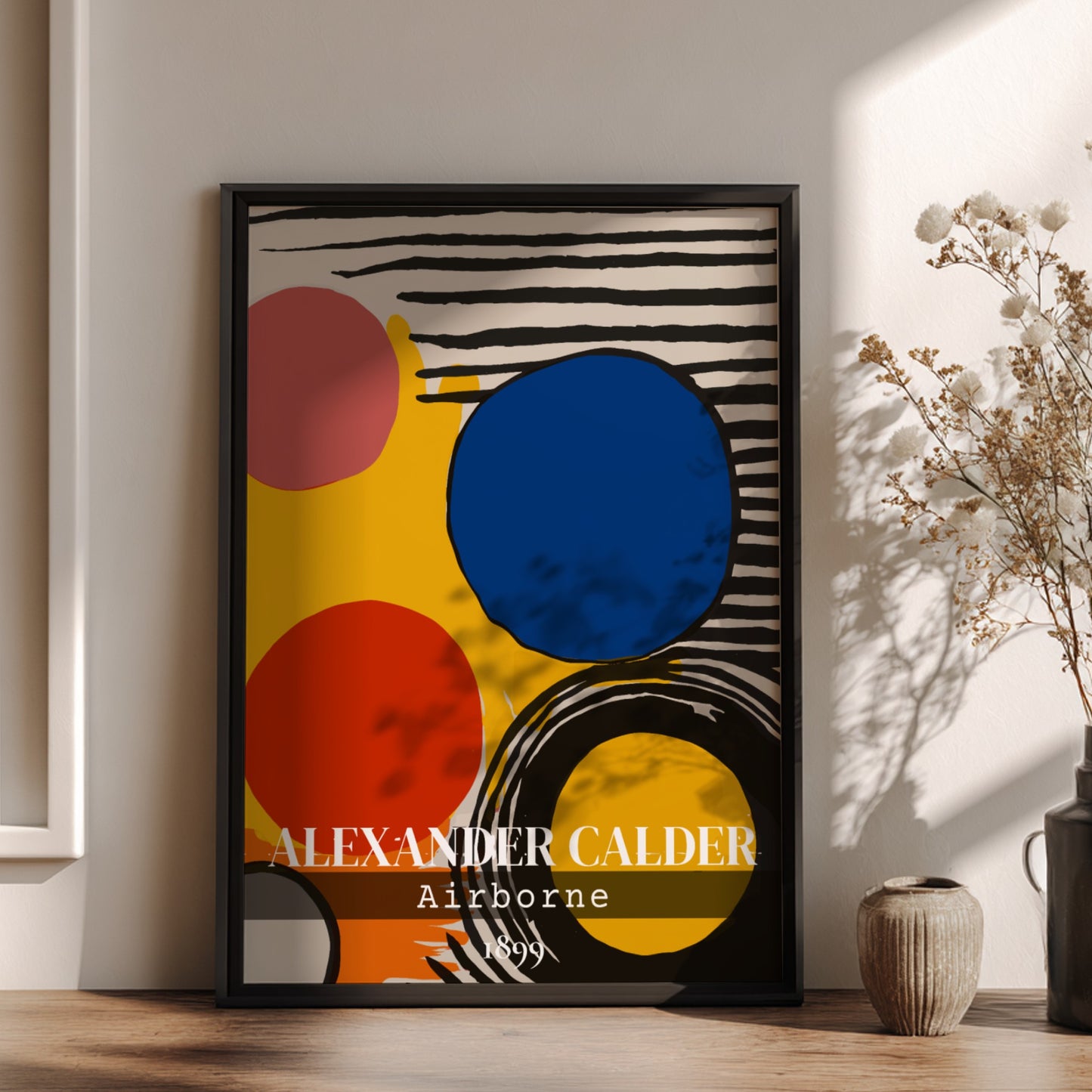 Poster of Alexander Calder's "Airborne" abstract art with red, blue, pink circles and black stripes.