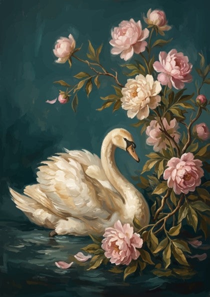 Poster of a white swan swimming beside lush pink peonies on dark teal water.