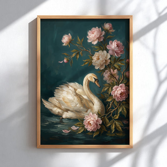 Poster of a white swan swimming beside lush pink peonies on dark teal water.