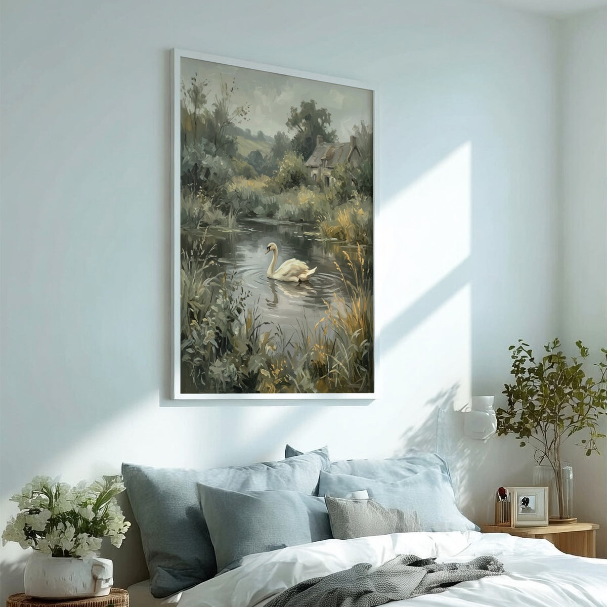 Poster of a white swan swimming on a calm pond near a country cottage