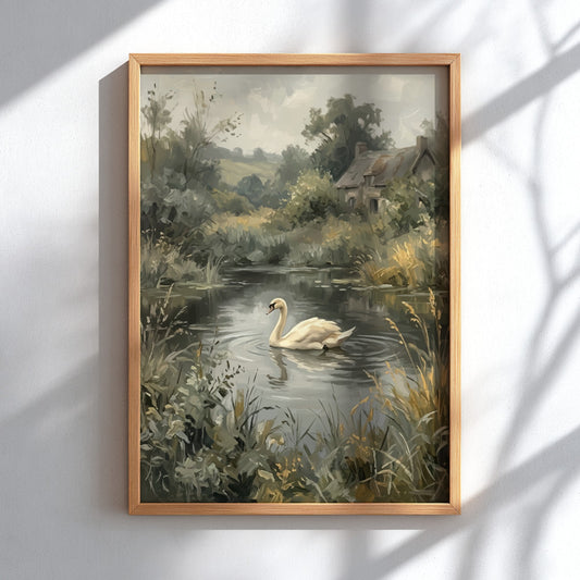 Poster of a white swan swimming on a calm pond near a country cottage