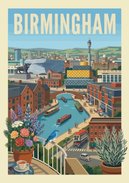 Vibrant Birmingham canal scene art print with narrowboats, brick buildings, and a blue bird on a balcony