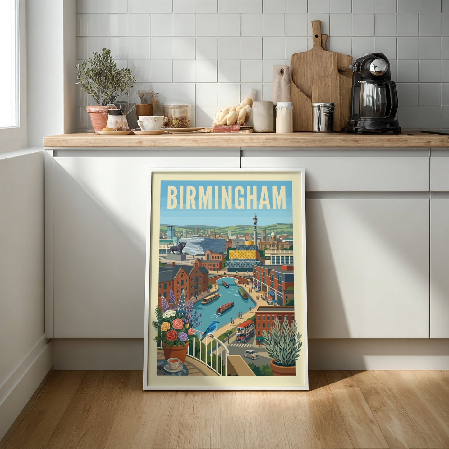 Vibrant Birmingham canal scene art print with narrowboats, brick buildings, and a blue bird on a balcony