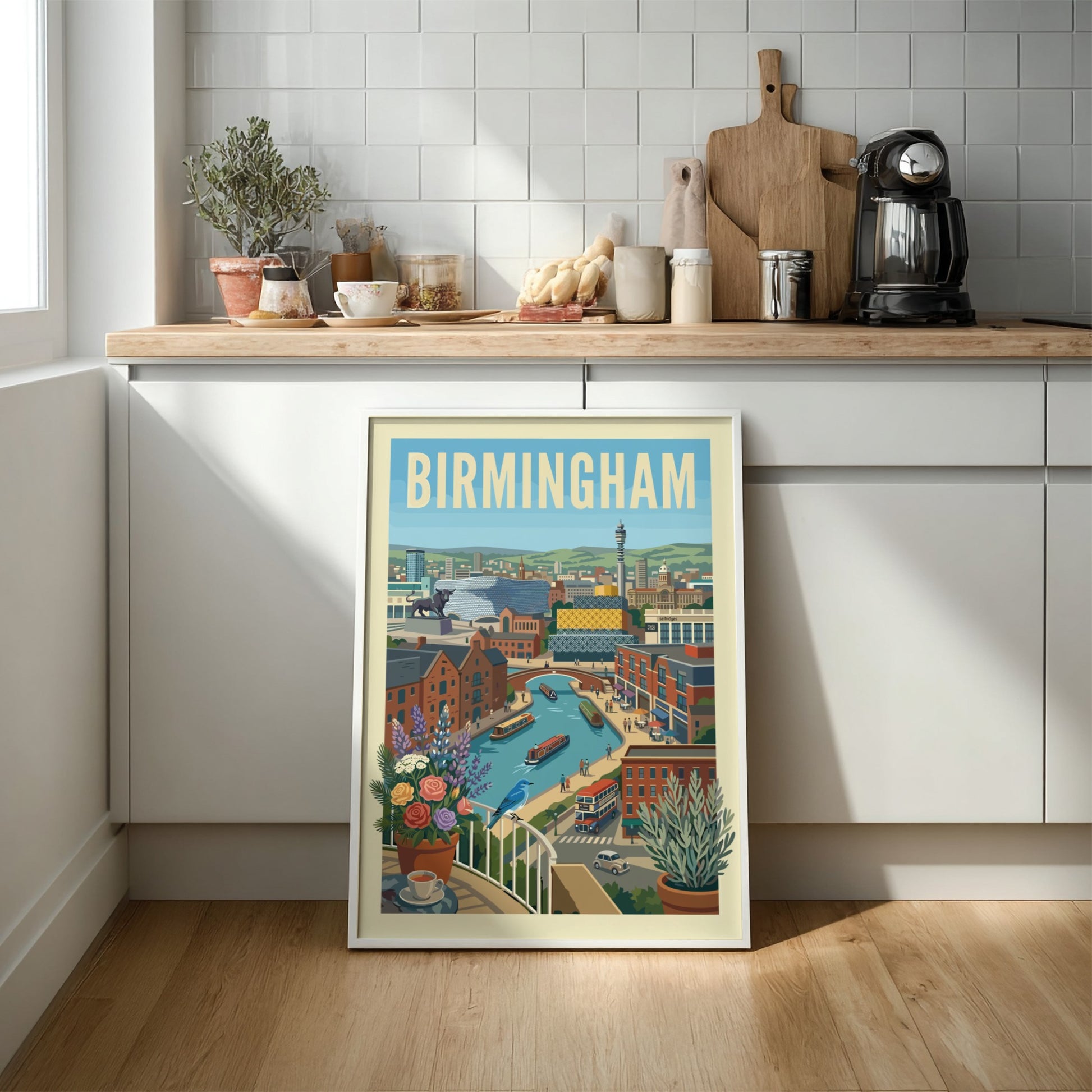 Vibrant Birmingham canal scene art print with narrowboats, brick buildings, and a blue bird on a balcony