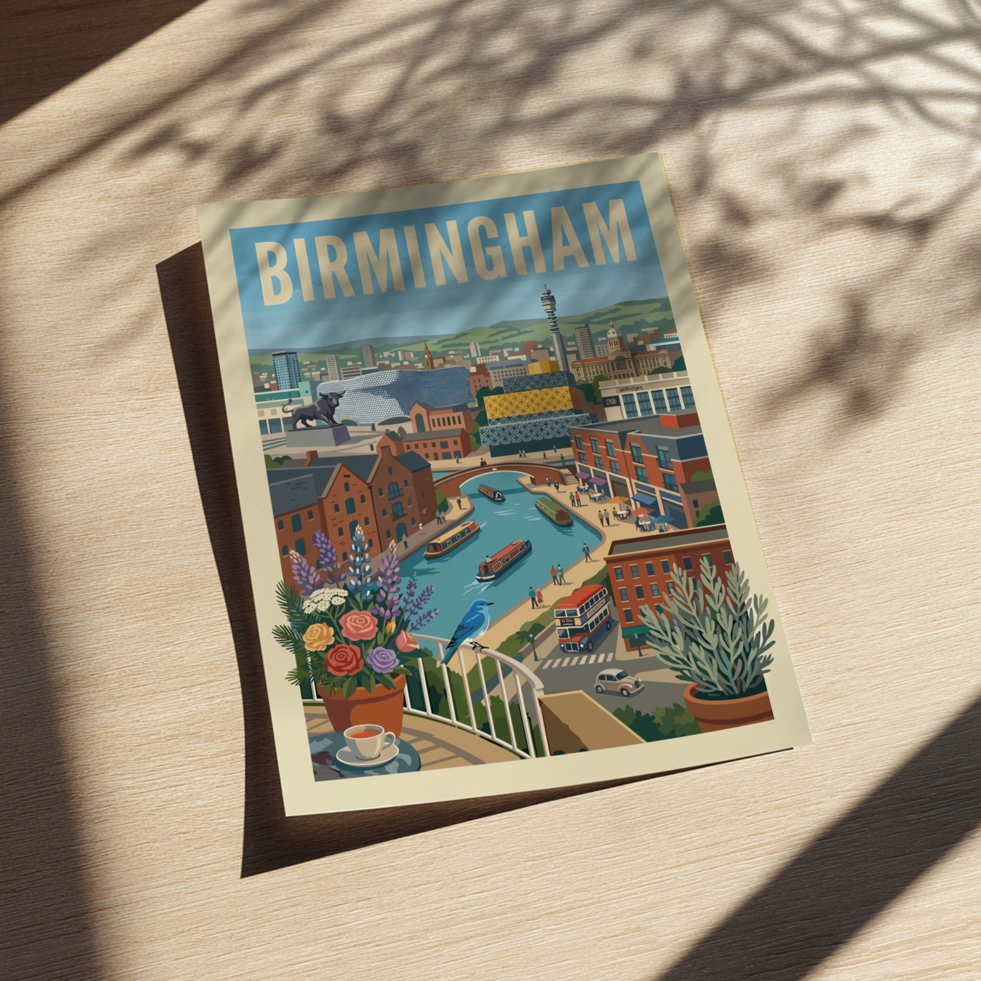 Vibrant Birmingham canal scene art print with narrowboats, brick buildings, and a blue bird on a balcony