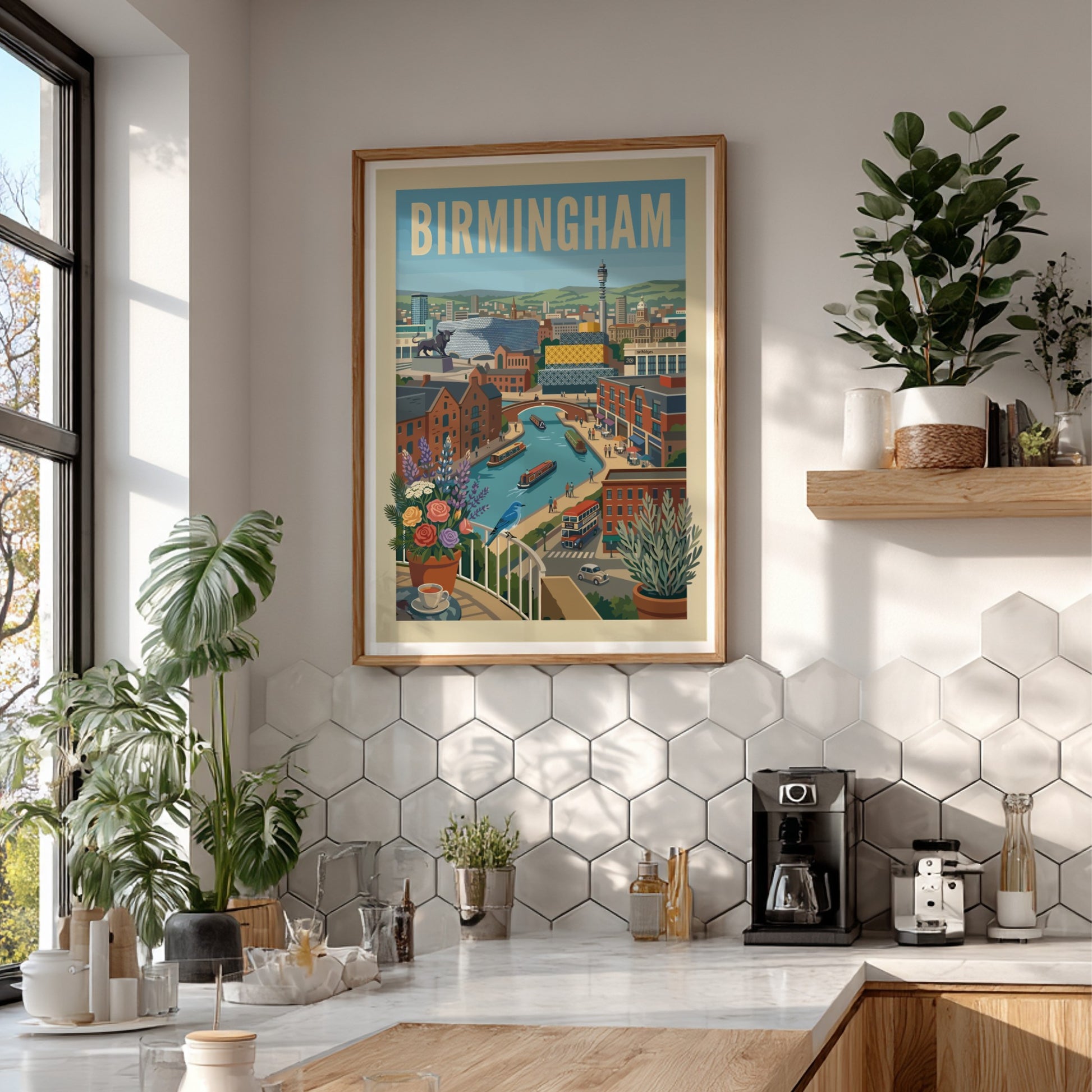 Vibrant Birmingham canal scene art print with narrowboats, brick buildings, and a blue bird on a balcony