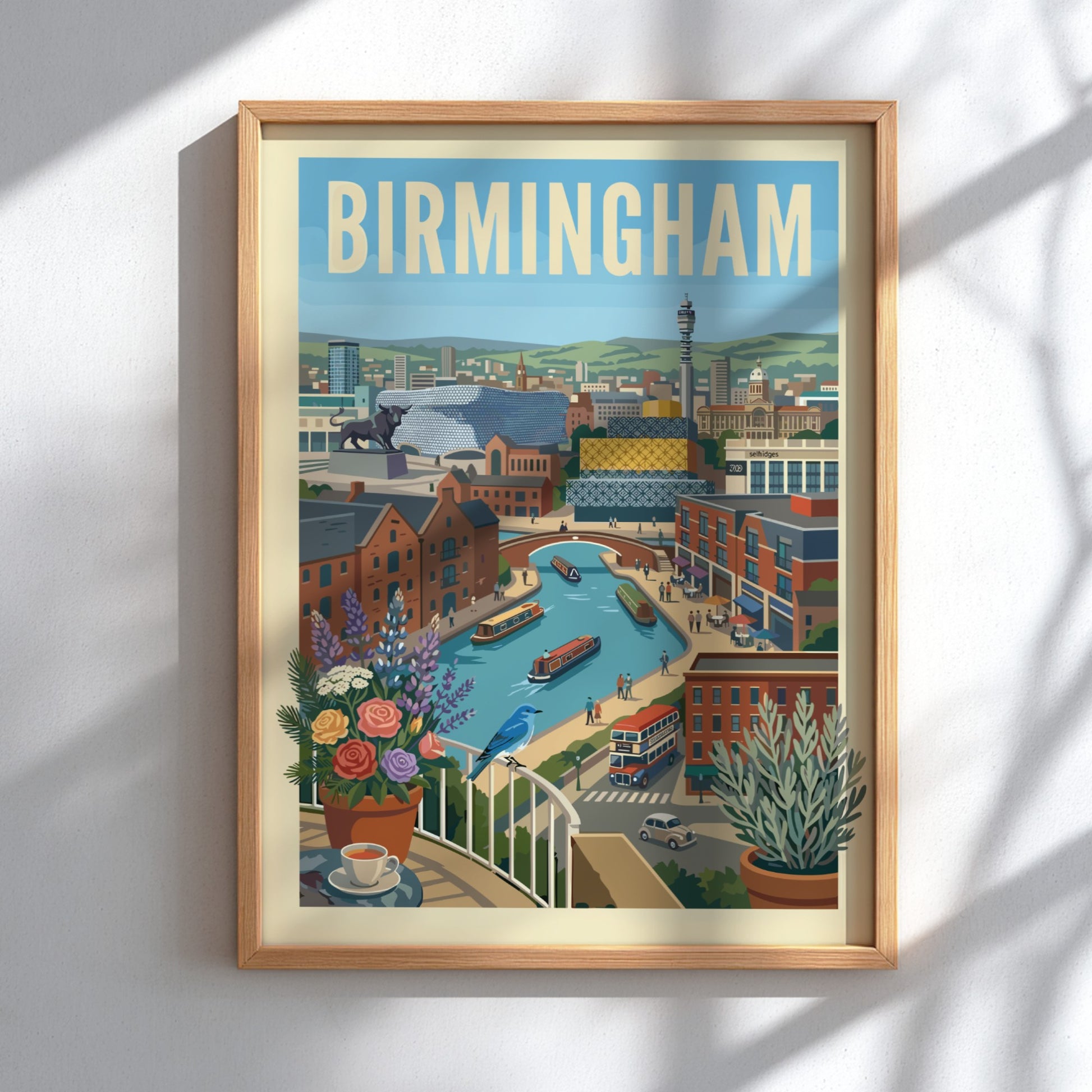 Vibrant Birmingham canal scene art print with narrowboats, brick buildings, and a blue bird on a balcony