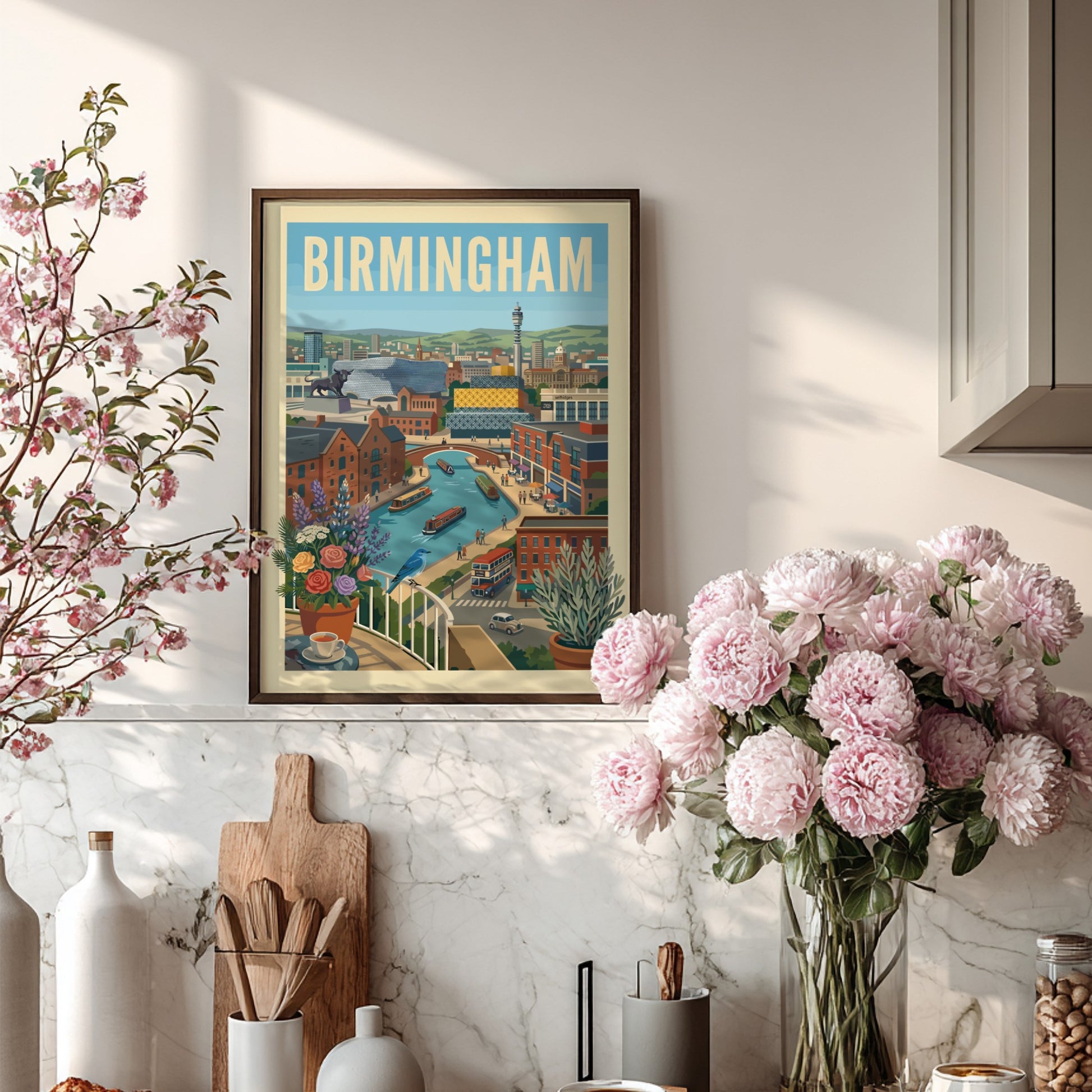 Vibrant Birmingham canal scene art print with narrowboats, brick buildings, and a blue bird on a balcony