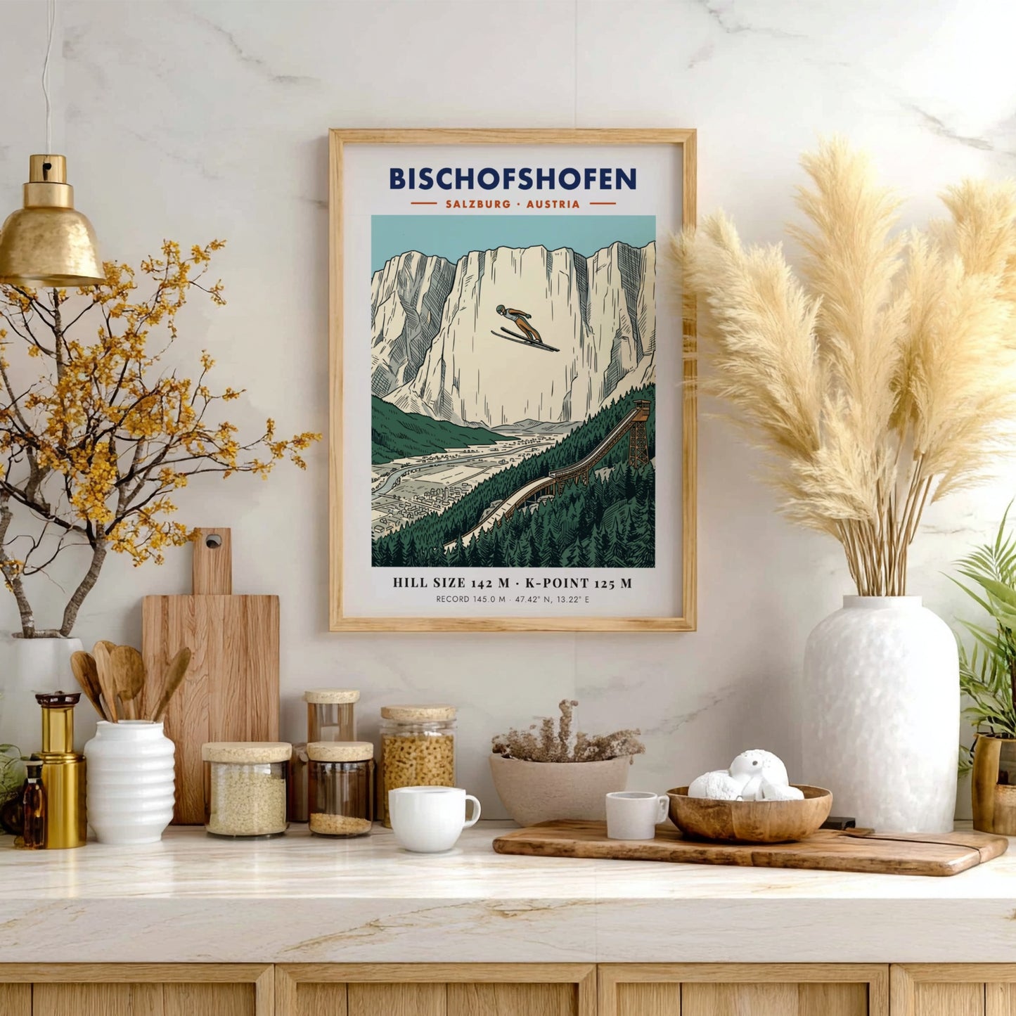 Poster of a ski jumper soaring over the Bischofshofen valley with limestone cliffs.