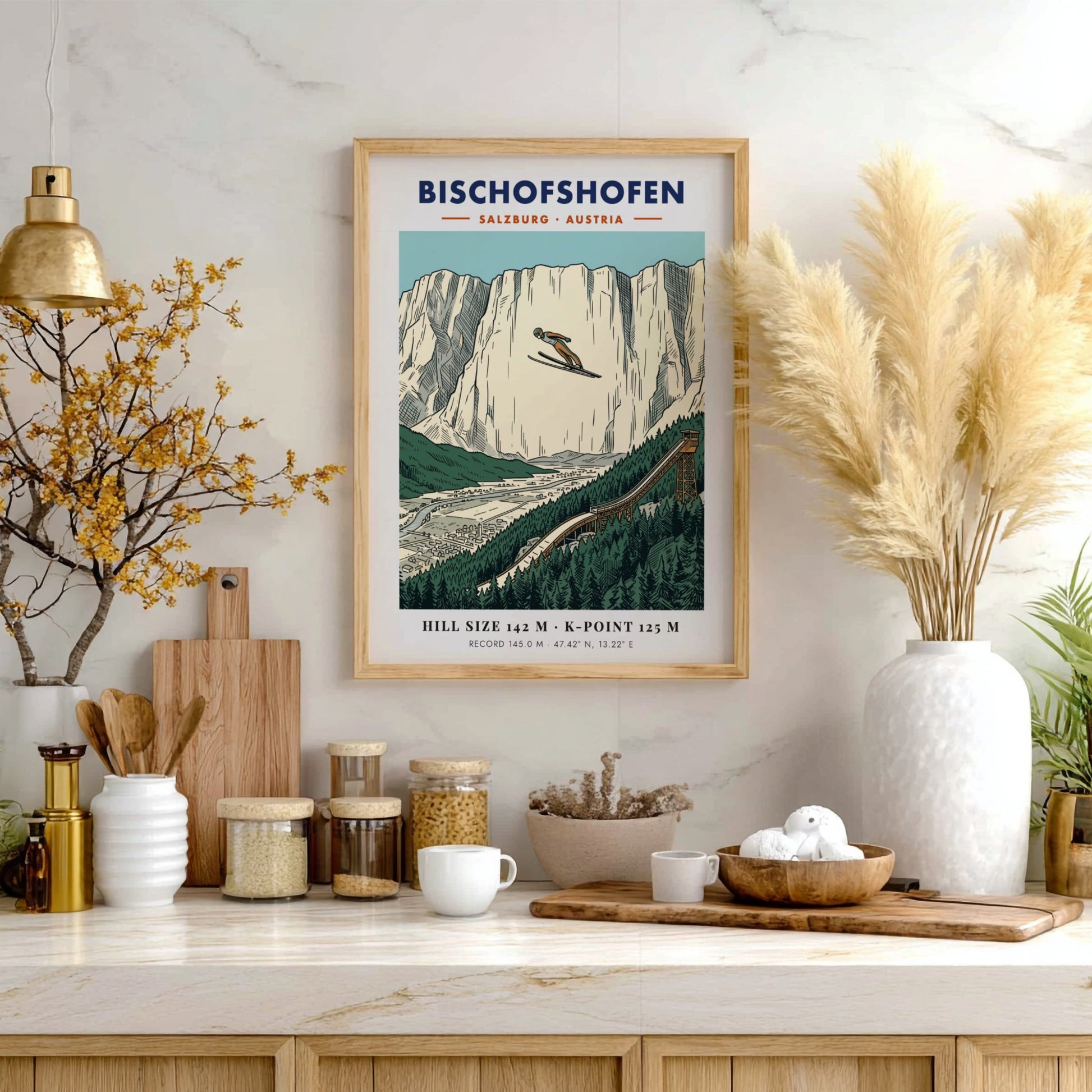 Poster of a ski jumper soaring over the Bischofshofen valley with limestone cliffs.