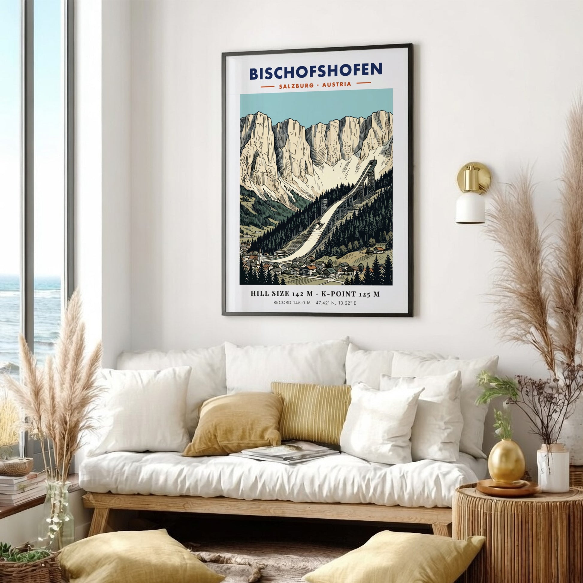 Poster of the Bischofshofen ski jump in Austria with dramatic limestone mountain peaks.
