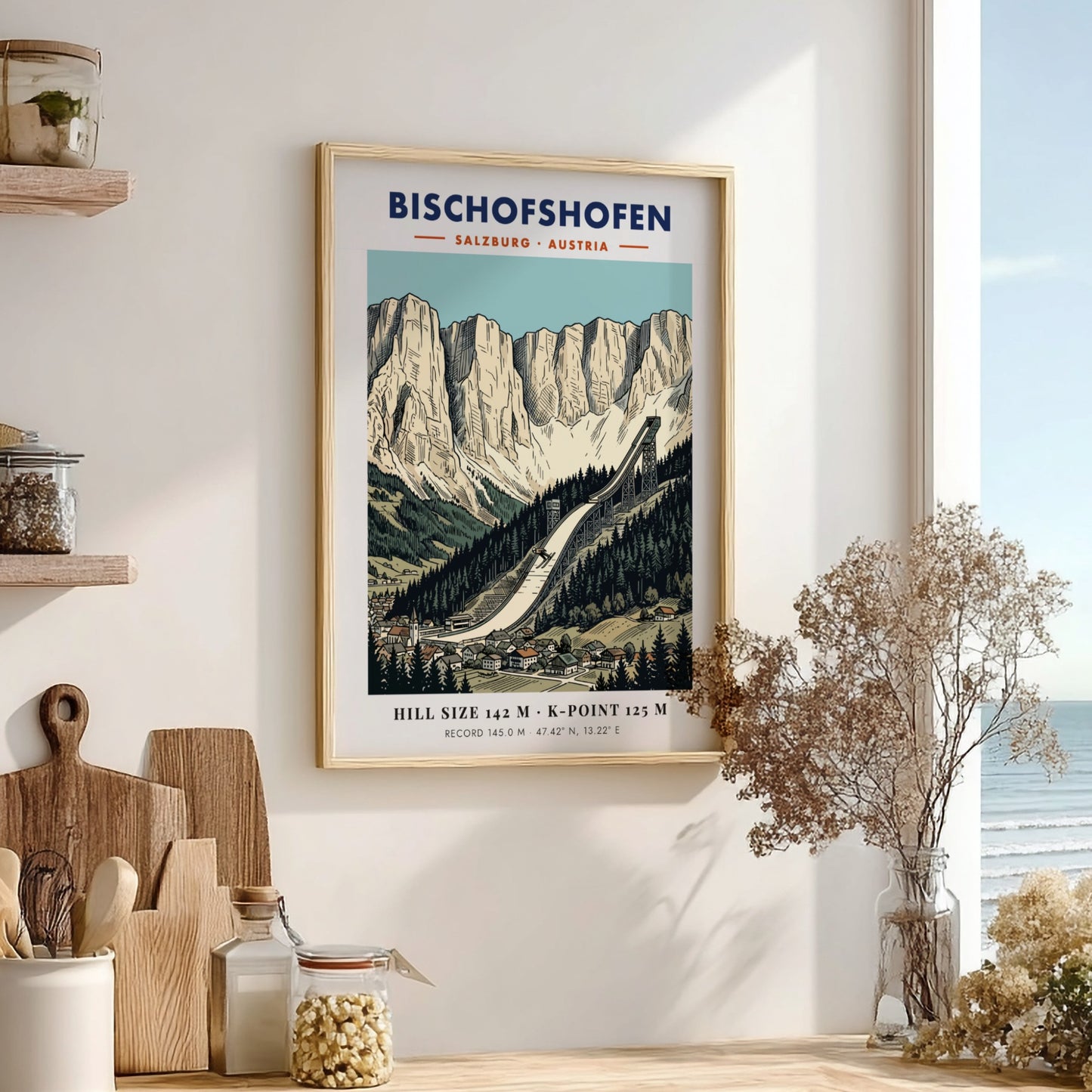 Poster of the Bischofshofen ski jump in Austria with dramatic limestone mountain peaks.