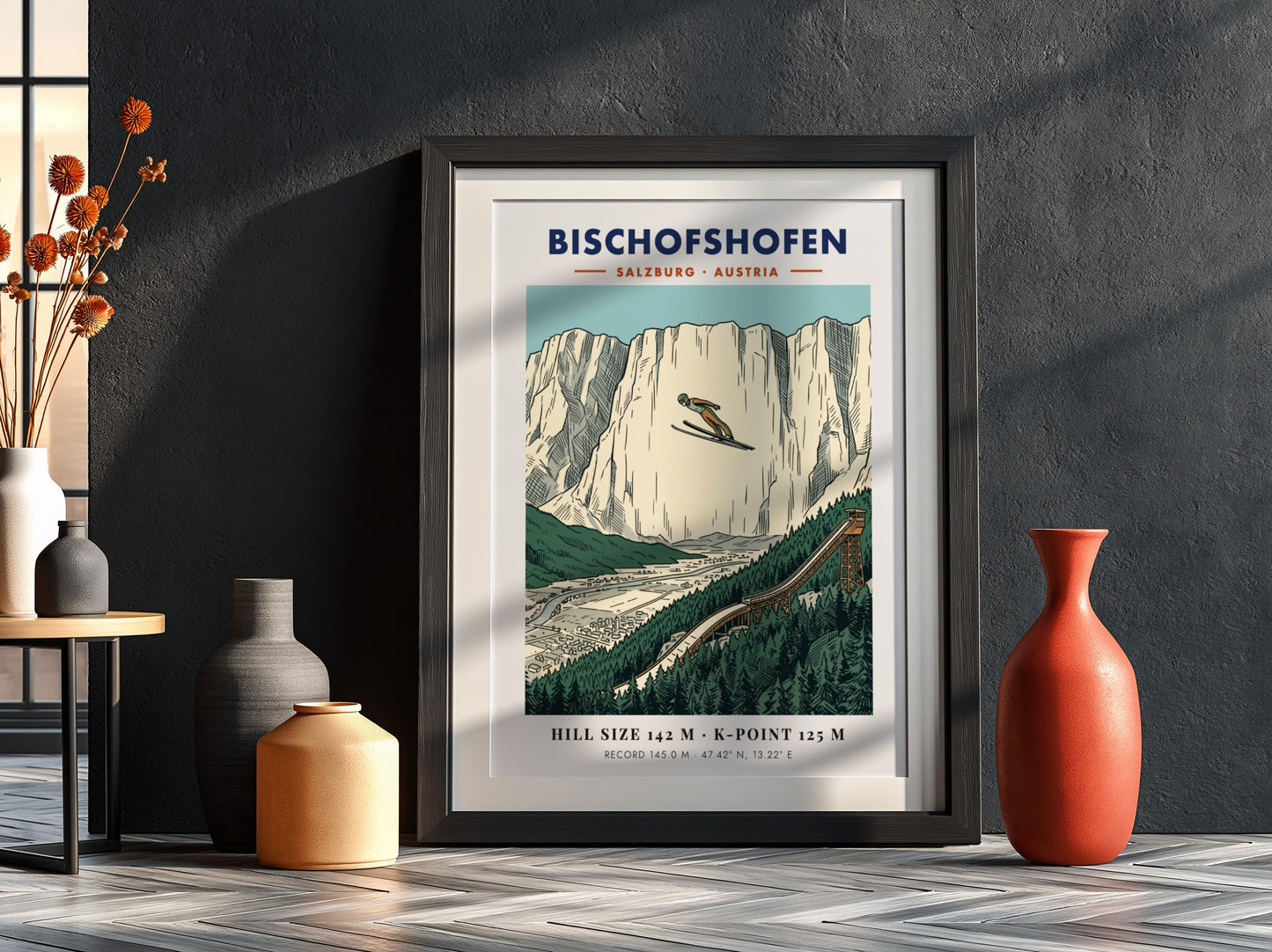Poster of a ski jumper soaring over the Bischofshofen valley with limestone cliffs.
