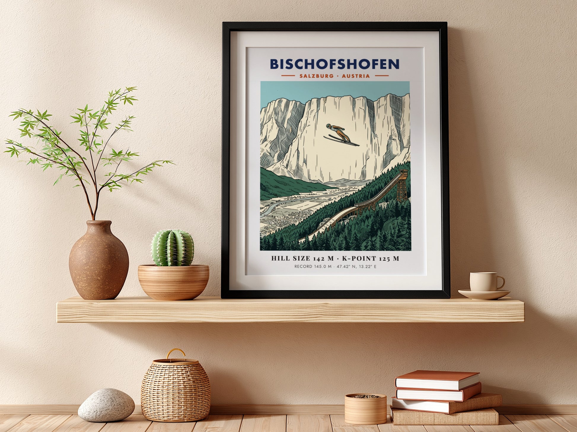 Poster of a ski jumper soaring over the Bischofshofen valley with limestone cliffs.