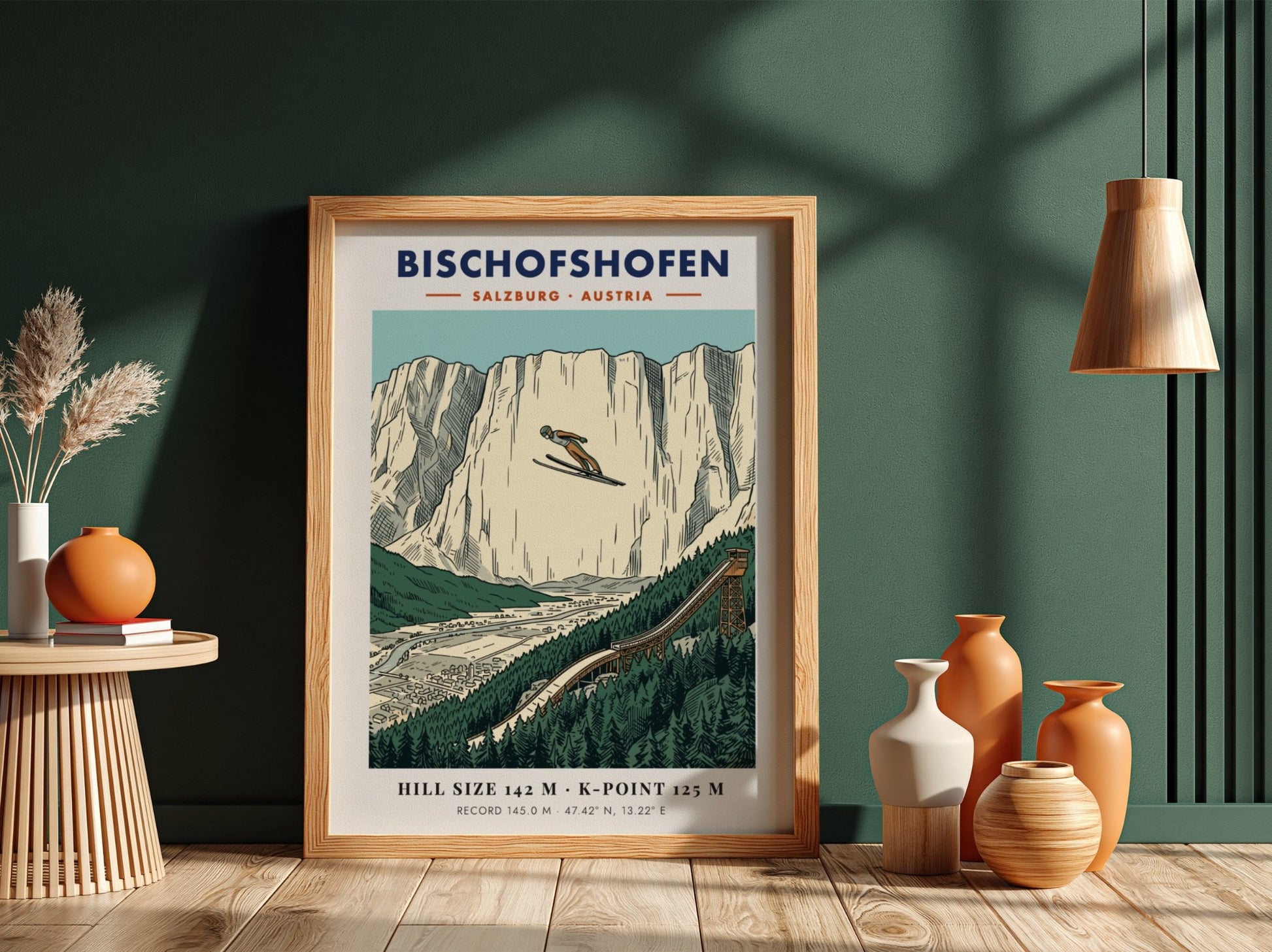 Poster of a ski jumper soaring over the Bischofshofen valley with limestone cliffs.