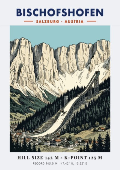 Poster of the Bischofshofen ski jump in Austria with dramatic limestone mountain peaks.