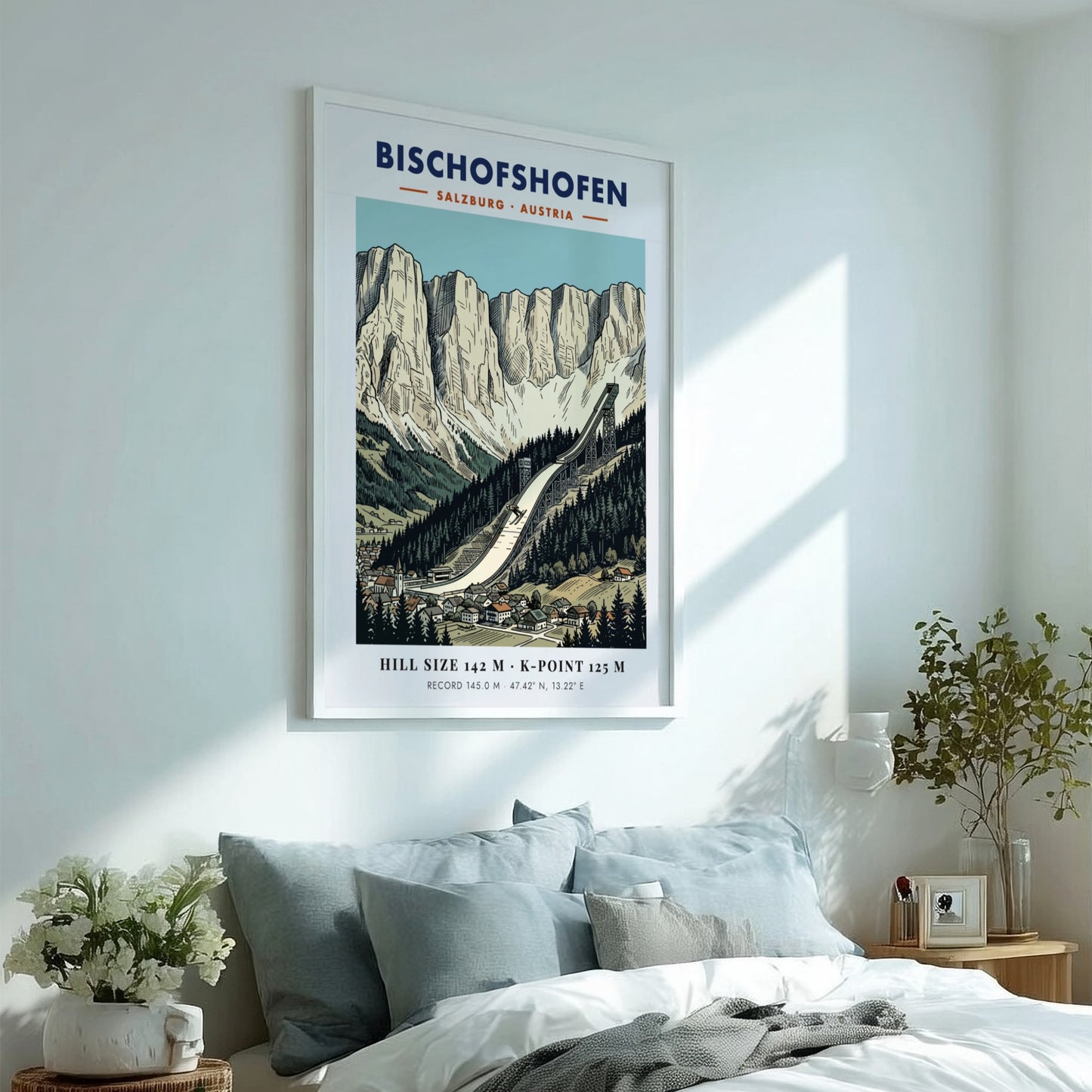 Poster of the Bischofshofen ski jump in Austria with dramatic limestone mountain peaks.