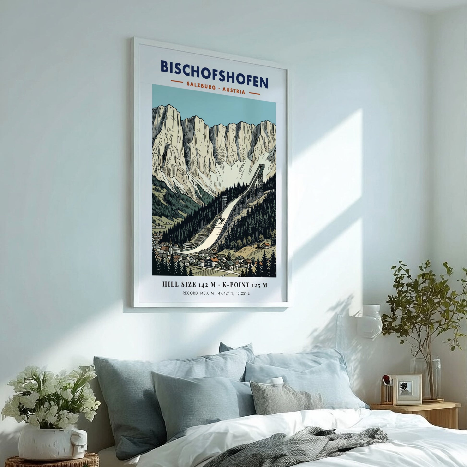 Poster of the Bischofshofen ski jump in Austria with dramatic limestone mountain peaks.