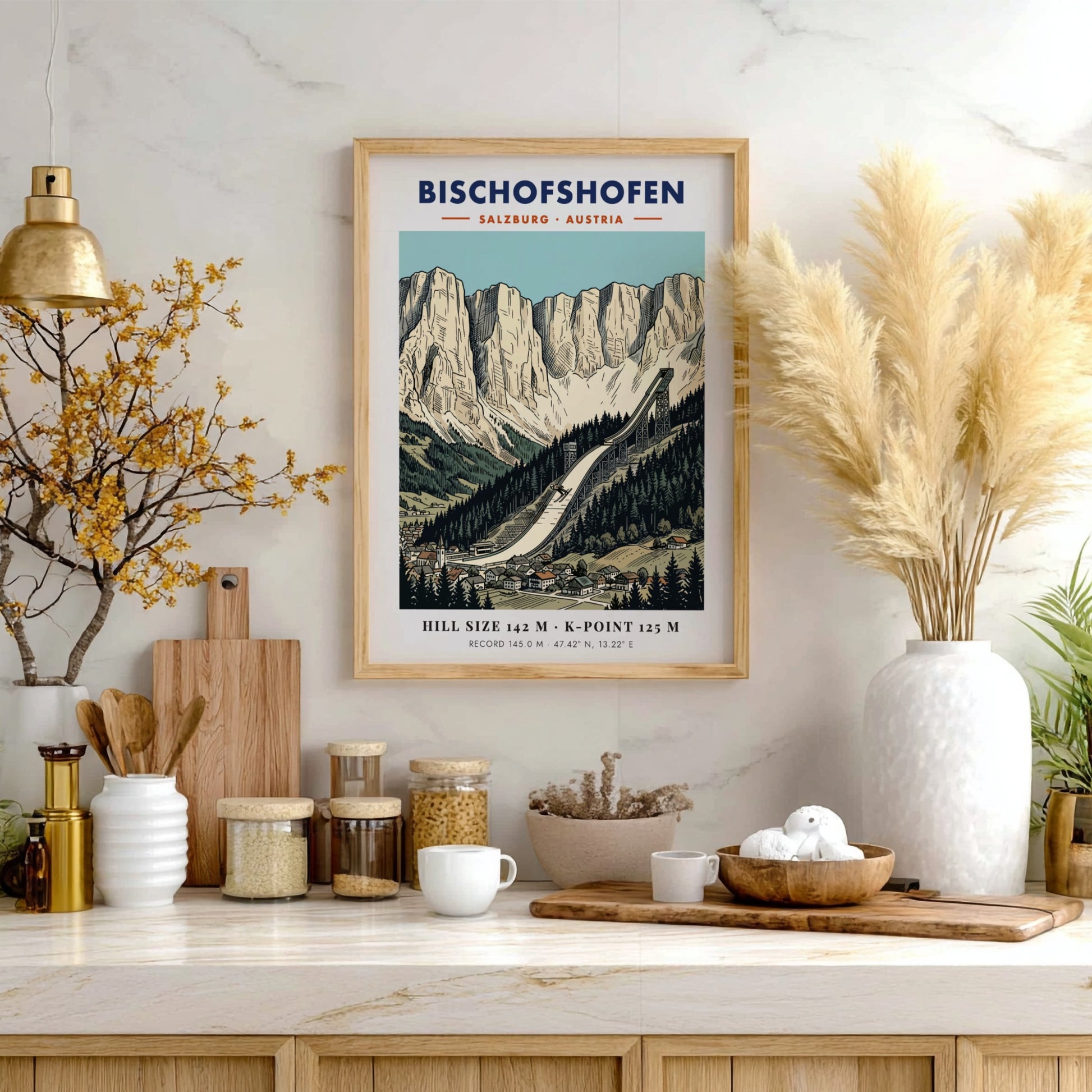 Poster of the Bischofshofen ski jump in Austria with dramatic limestone mountain peaks.