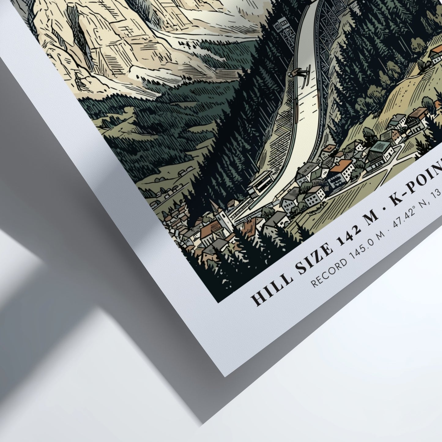 Poster of the Bischofshofen ski jump in Austria with dramatic limestone mountain peaks.