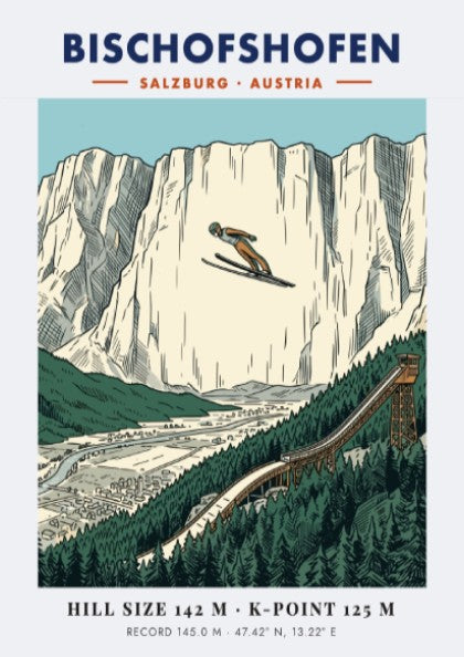 Poster of a ski jumper soaring over the Bischofshofen valley with limestone cliffs.
