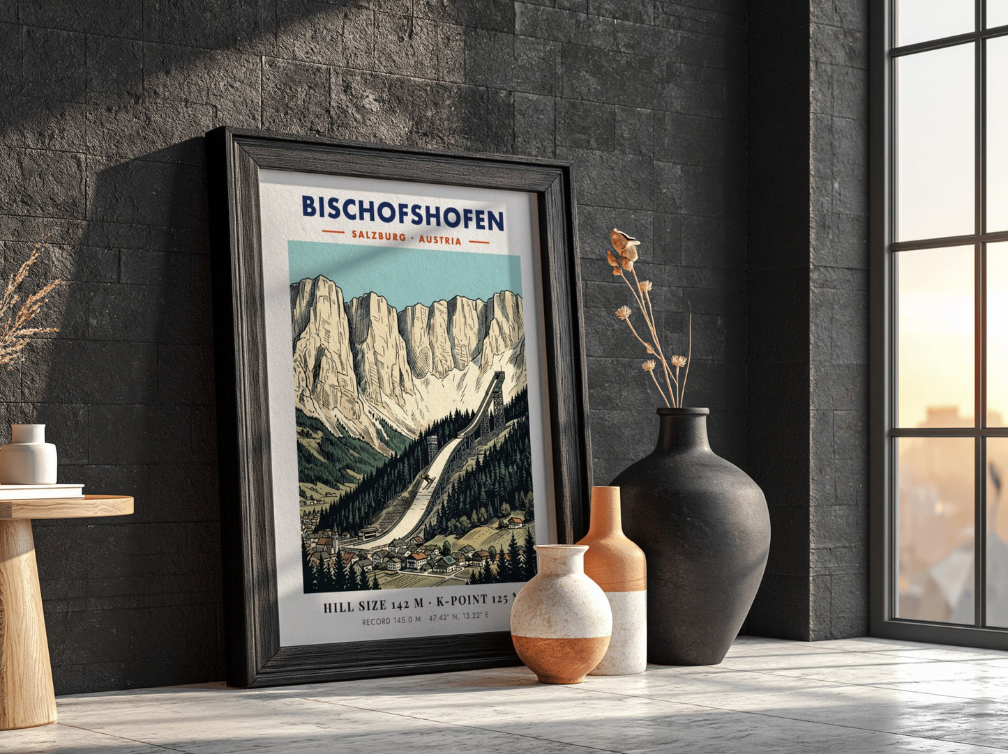 Poster of the Bischofshofen ski jump in Austria with dramatic limestone mountain peaks.
