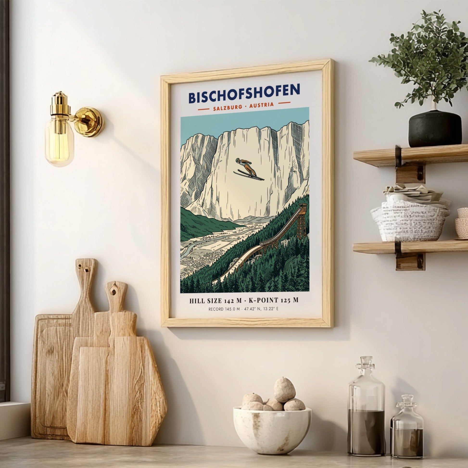 Poster of a ski jumper soaring over the Bischofshofen valley with limestone cliffs.