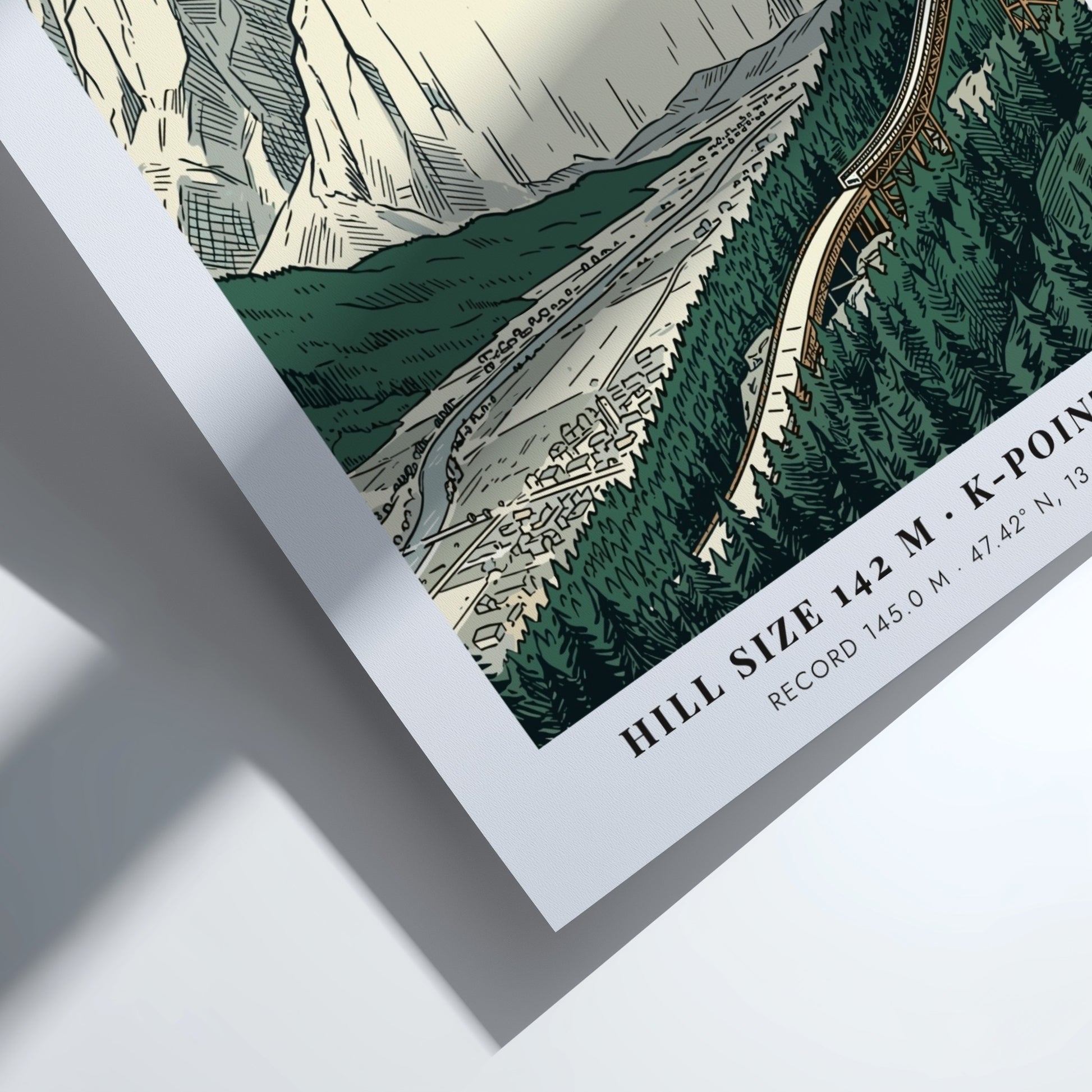 Poster of a ski jumper soaring over the Bischofshofen valley with limestone cliffs.