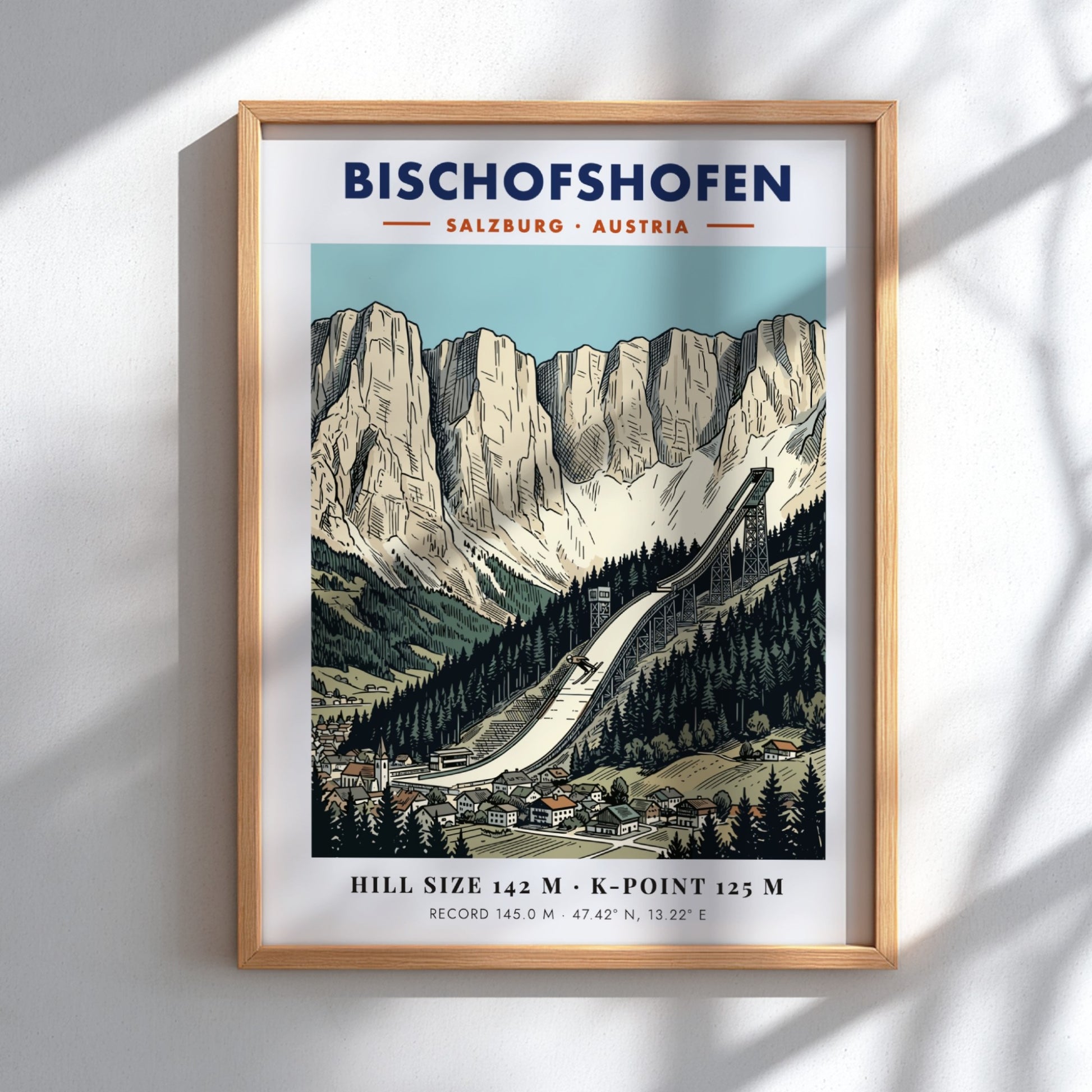 Poster of the Bischofshofen ski jump in Austria with dramatic limestone mountain peaks.