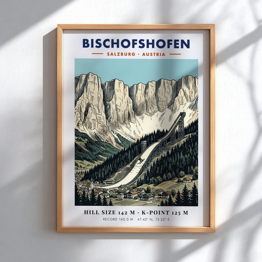Poster of the Bischofshofen ski jump in Austria with dramatic limestone mountain peaks.