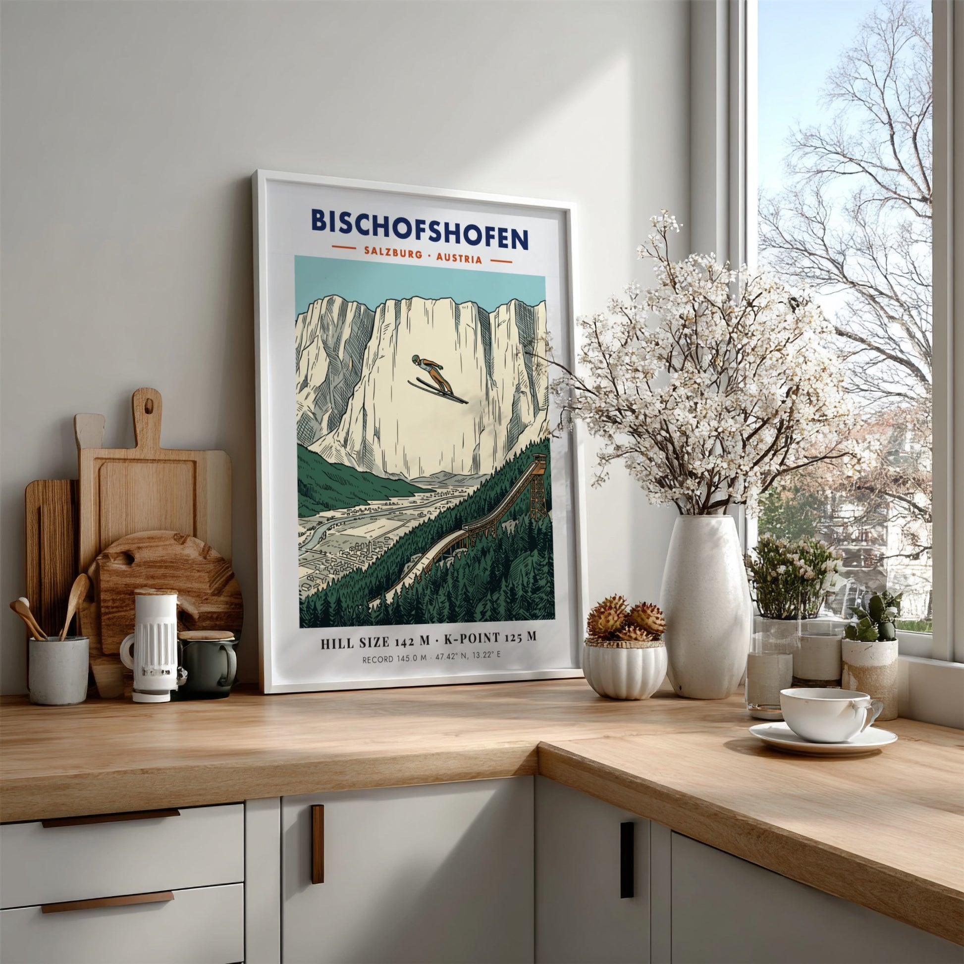 Poster of a ski jumper soaring over the Bischofshofen valley with limestone cliffs.