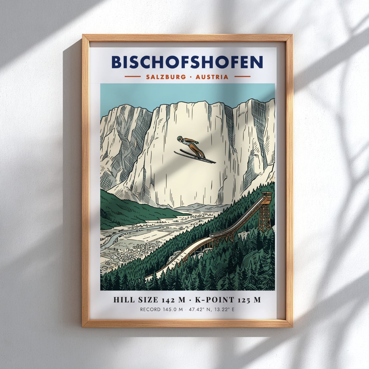 Poster of a ski jumper soaring over the Bischofshofen valley with limestone cliffs.