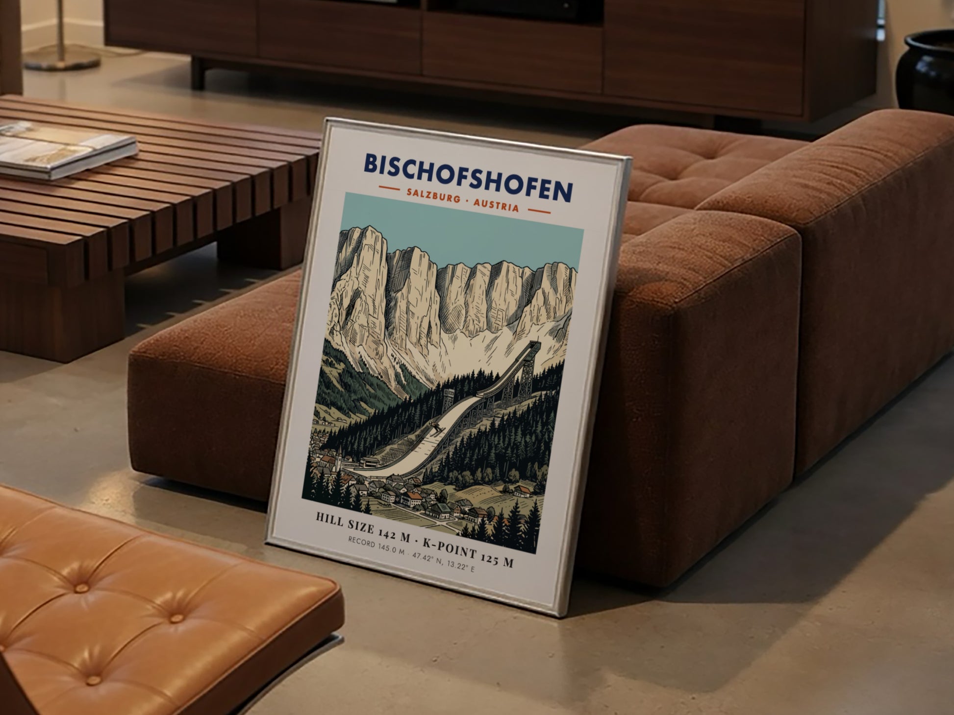 Poster of the Bischofshofen ski jump in Austria with dramatic limestone mountain peaks.