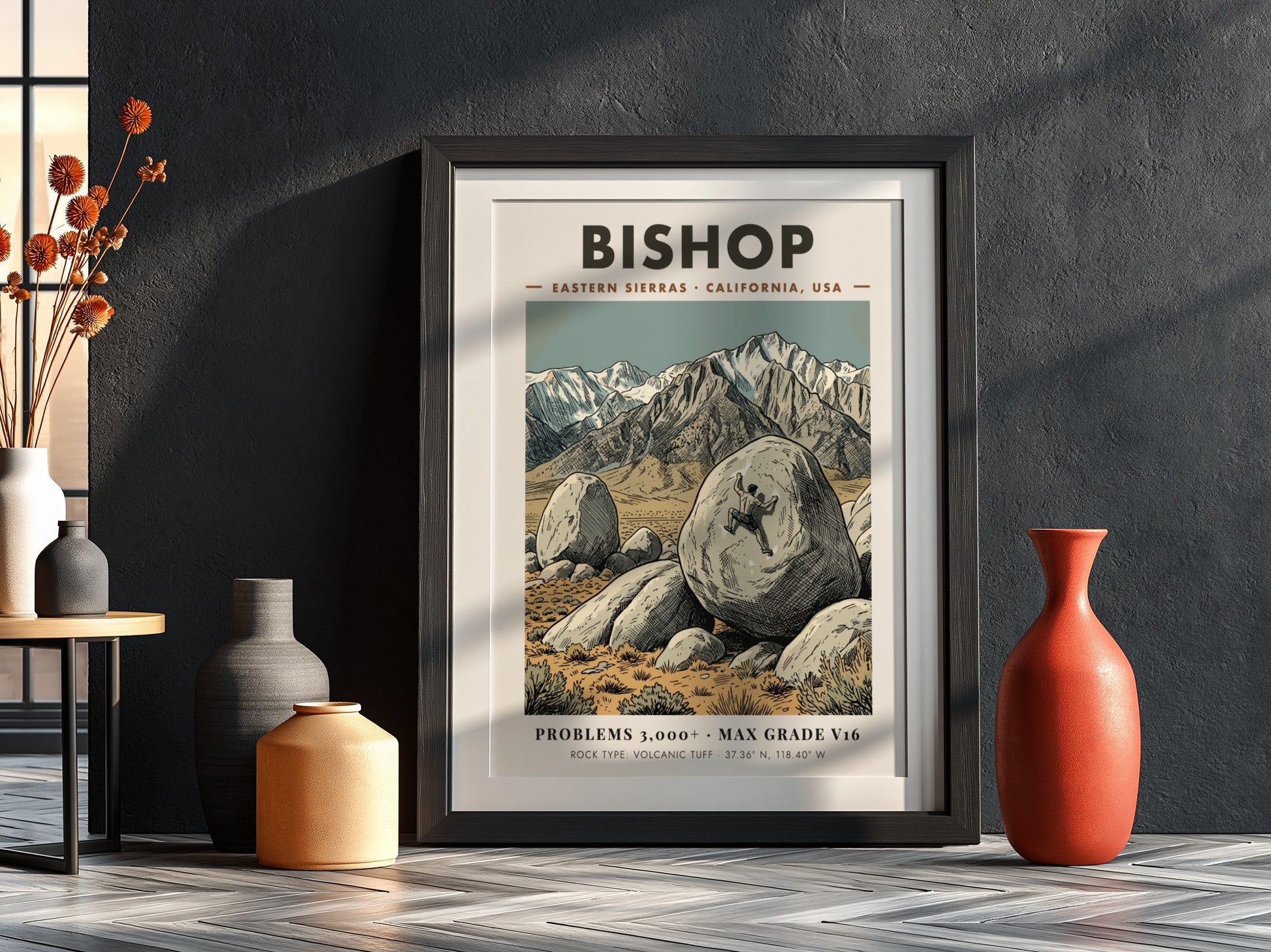 Poster of a climber scaling a large volcanic boulder in the Bishop mountains.