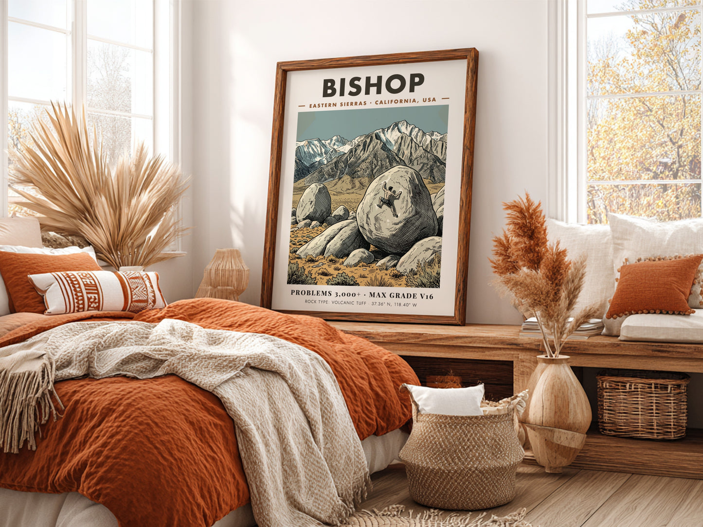 Poster of a climber scaling a large volcanic boulder in the Bishop mountains.