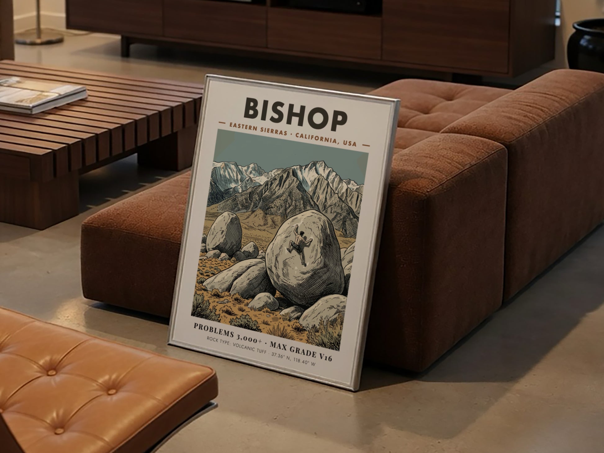Poster of a climber scaling a large volcanic boulder in the Bishop mountains.