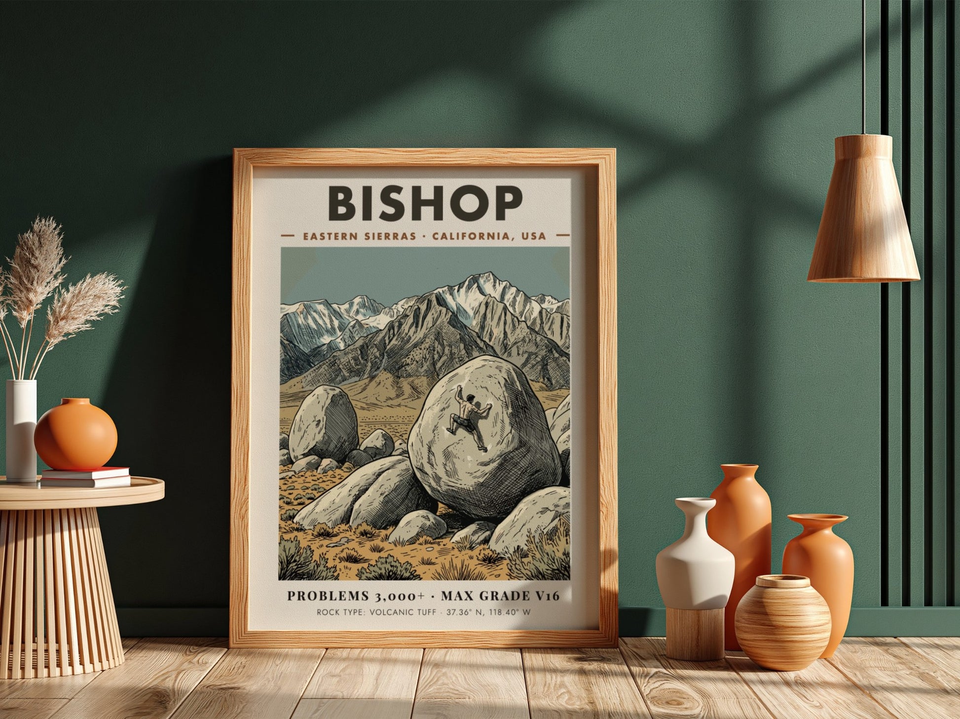 Poster of a climber scaling a large volcanic boulder in the Bishop mountains.