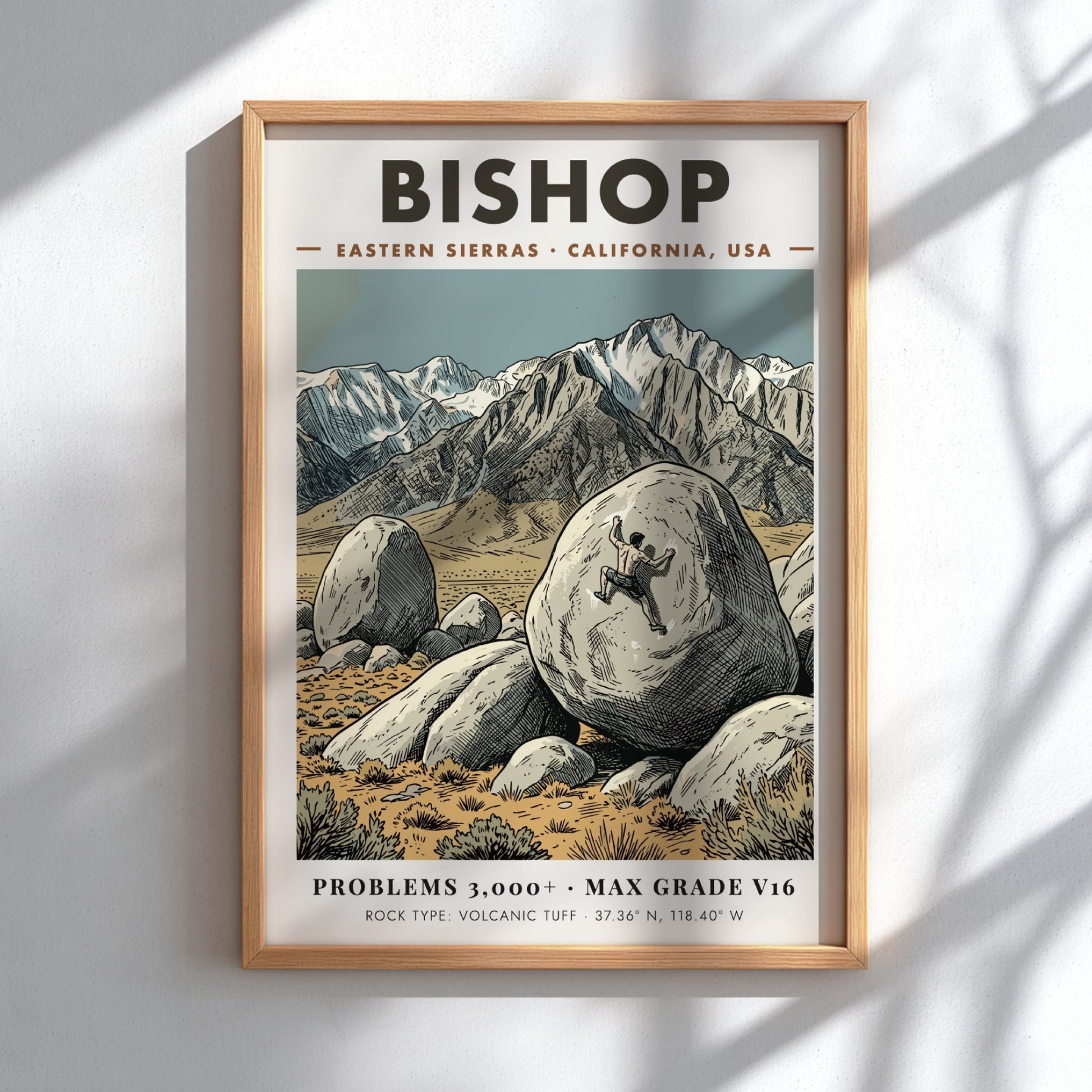 Poster of a climber scaling a large volcanic boulder in the Bishop mountains.