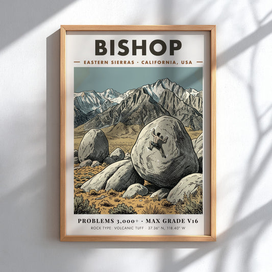 Poster of a climber scaling a large volcanic boulder in the Bishop mountains.