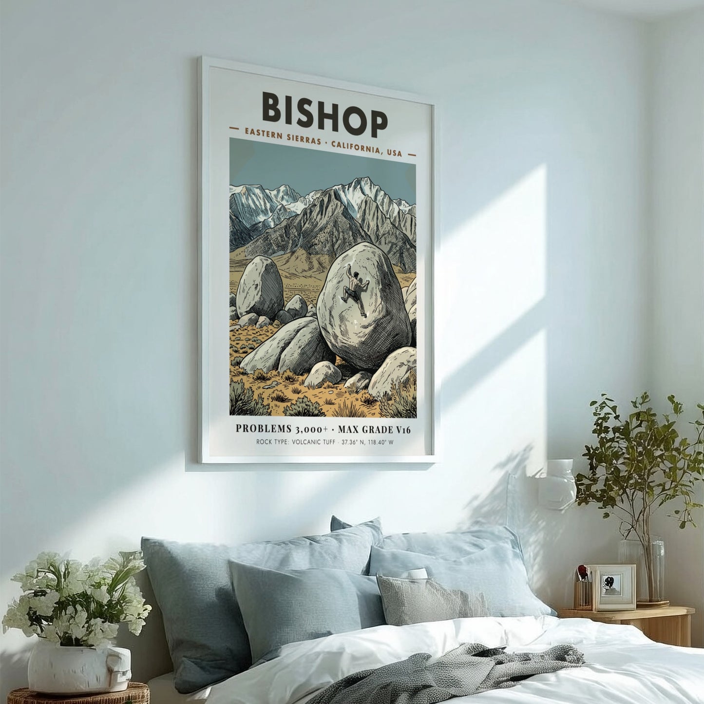 Poster of a climber scaling a large volcanic boulder in the Bishop mountains.